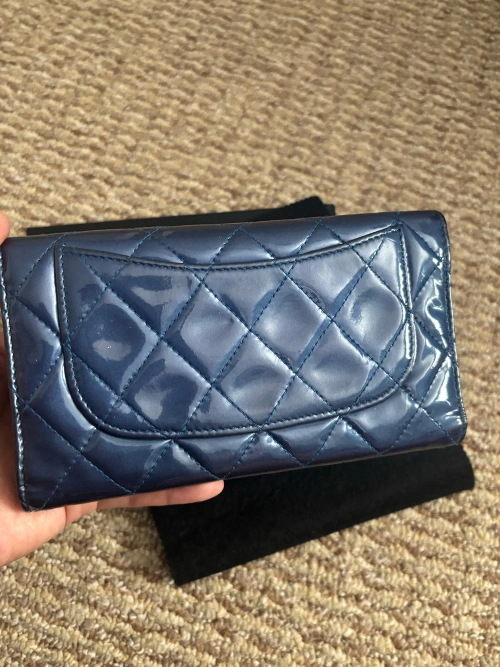 Authentic CHANEL Continental Quilted Patent Leather Wallet in Deep Blue